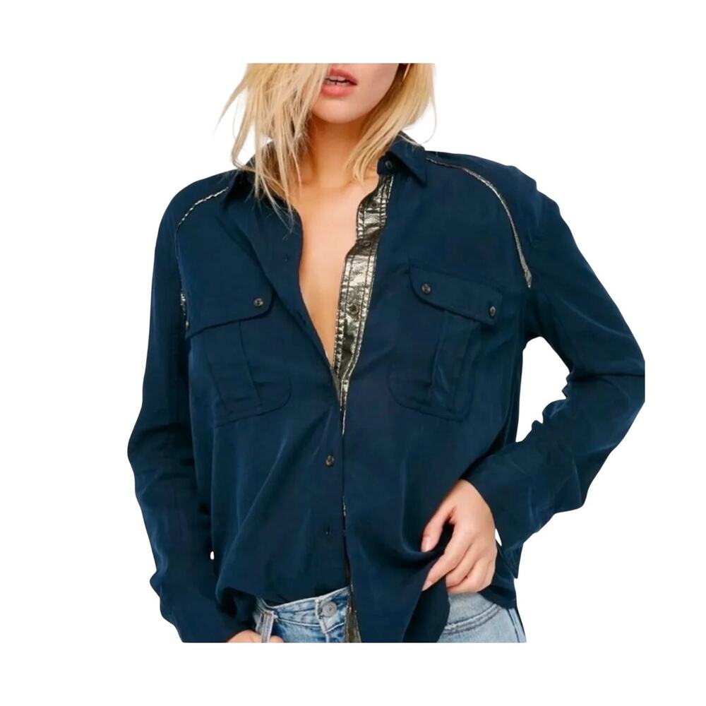 Free People Off Campus Button Down Long Sleeve Navy Gold Collared Relaxed Shirt